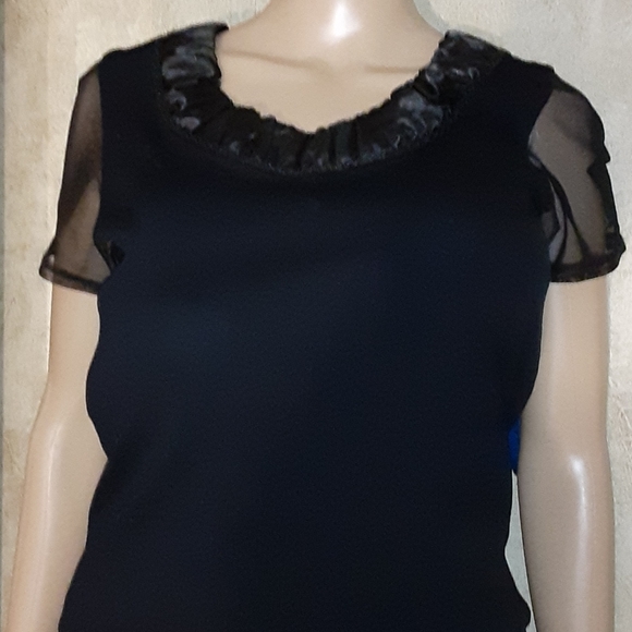 ALBERTO MAKAI Designer Top Sheer Sleeves Shirred Satin Neckline BLACK Size M - Picture 5 of 8